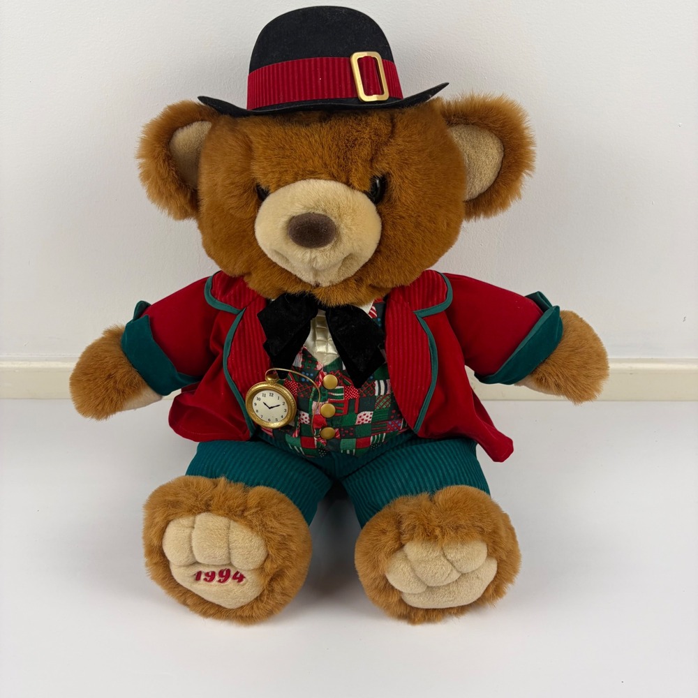 Vtg 1994 Teddy Bear Lane Christmas Plush Kmart Red Velvet Jacket Pocket Watch